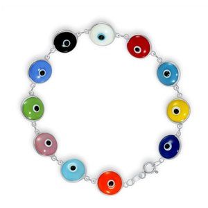 Sterling Silver 925 Rhodium Plated Multicolored Evil Eye Bracelet 7-7.5 inches
